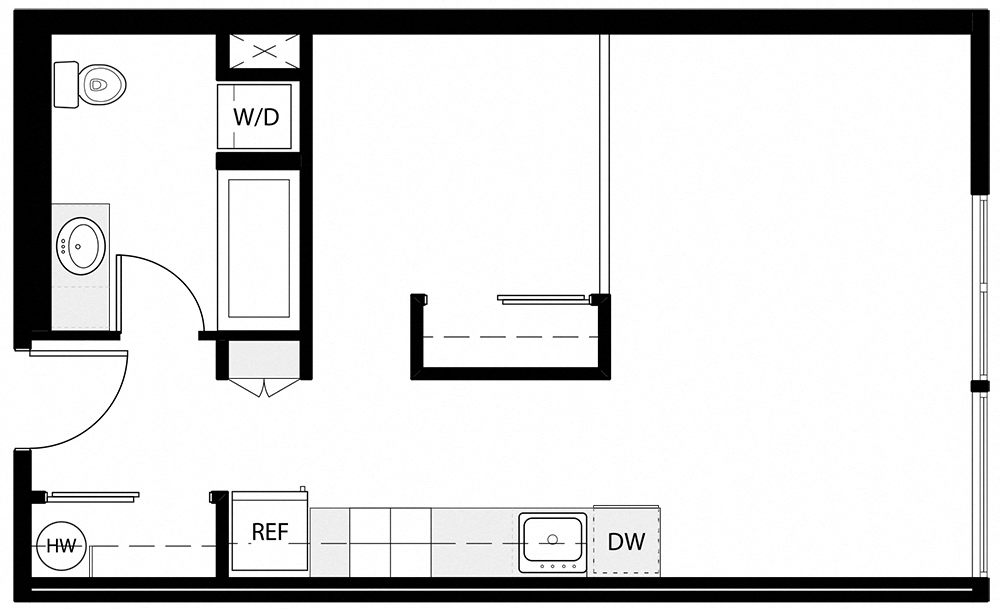 a floor plan of a one bedroom apartment at 19th & Mercerat 19th & Mercer, Washington